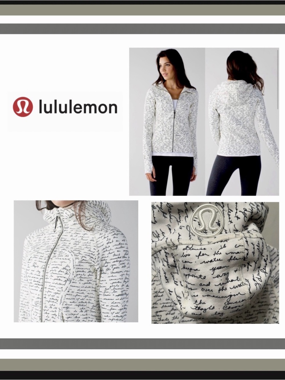 RARE Lululemon Scuba Manifesto Script in Ghost white/Black Size 4